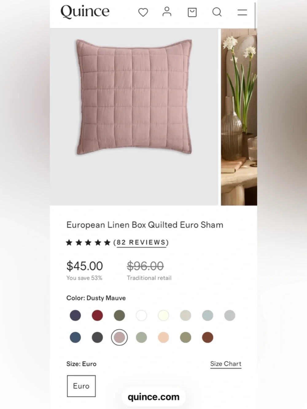 NWOT Quince European Linen Box Quilted Euro Sham in Dusty Mauve